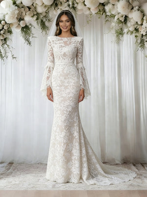 White Mermaid Lace Long Sleeve Wedding Dress