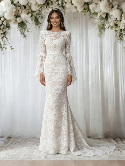 White Mermaid Lace Long Sleeve Wedding Dress
