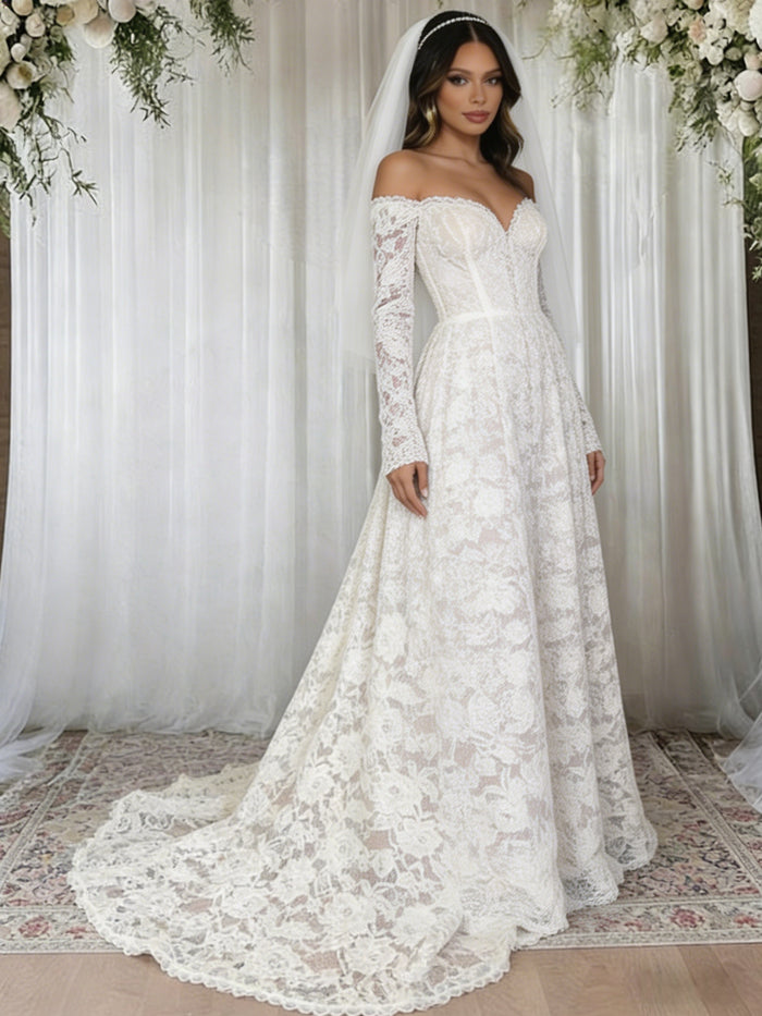 White Lace Off the Shoulder Long Sleeve Wedding Dress