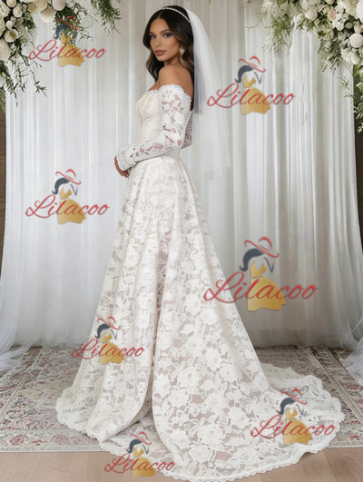 White Lace Off the Shoulder Long Sleeve Wedding Dress