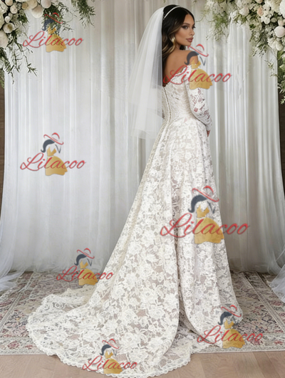 White Lace Off the Shoulder Long Sleeve Wedding Dress
