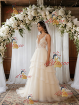 Ivory White Tulle V-neck Wedding Dress