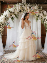 Ivory White Tulle V-neck Wedding Dress
