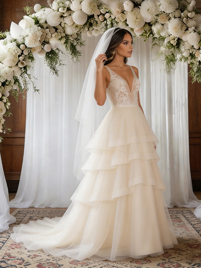 Ivory White Tulle V-neck Wedding Dress