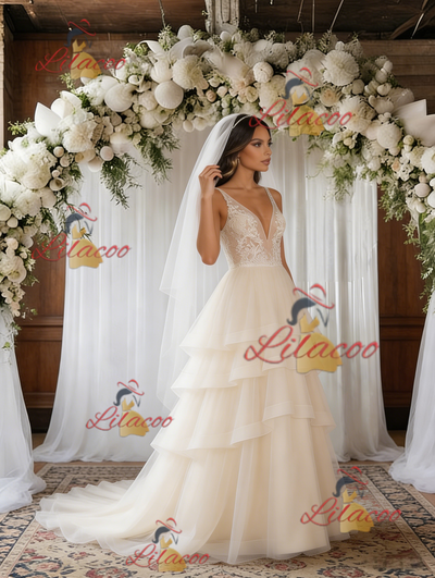 Ivory White Tulle V-neck Wedding Dress