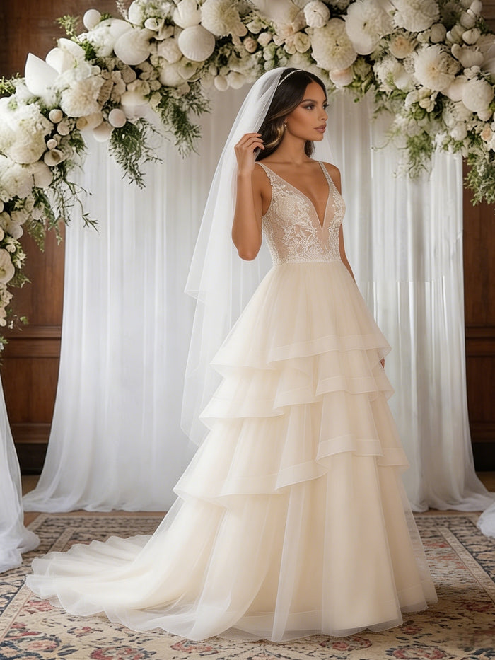 Ivory White Tulle V-neck Wedding Dress