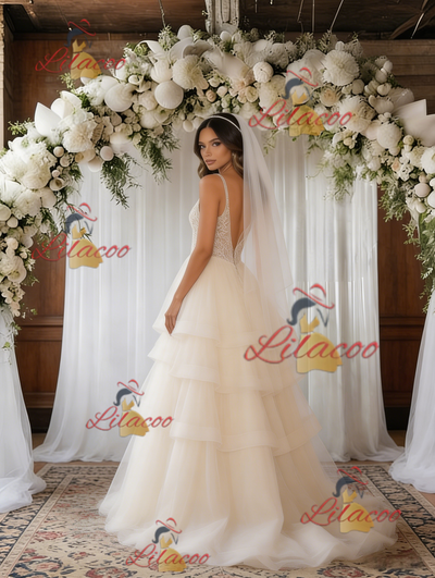 Ivory White Tulle V-neck Wedding Dress