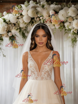 Ivory White Tulle V-neck Wedding Dress