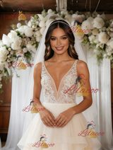 Ivory White Tulle V-neck Wedding Dress