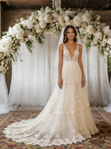 Beige White Lace V-neck Wedding Dress