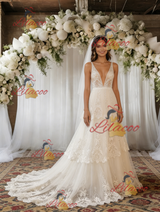 Beige White Lace V-neck Wedding Dress