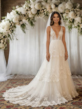 Beige White Lace V-neck Wedding Dress