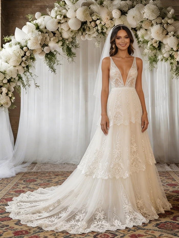 Beige White Lace V-neck Wedding Dress
