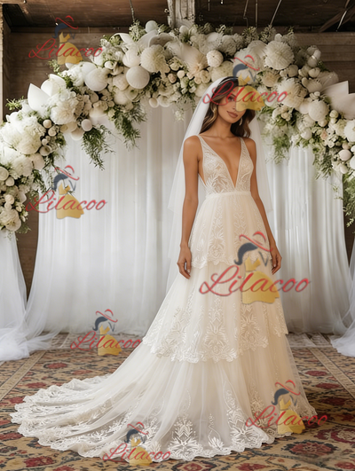 Beige White Lace V-neck Wedding Dress