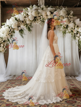 Beige White Lace V-neck Wedding Dress