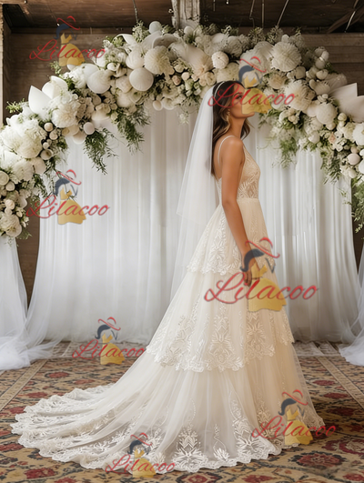 Beige White Lace V-neck Wedding Dress