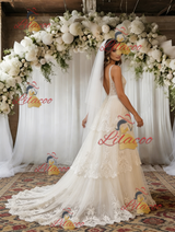 Beige White Lace V-neck Wedding Dress