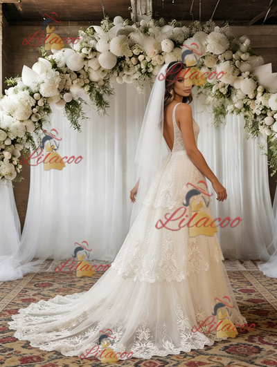 Beige White Lace V-neck Wedding Dress