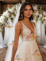 Beige White Lace V-neck Wedding Dress