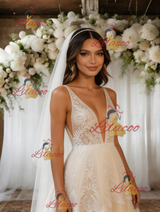 Beige White Lace V-neck Wedding Dress