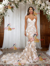 Champagne Mermaid Lace 3D Flower Wedding Dress