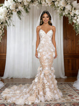 Champagne Mermaid Lace 3D Flower Wedding Dress