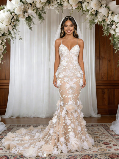 Champagne Mermaid Lace 3D Flower Wedding Dress