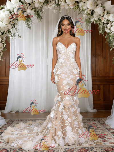 Champagne Mermaid Lace 3D Flower Wedding Dress