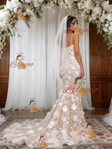 Champagne Mermaid Lace 3D Flower Wedding Dress