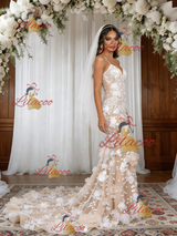Champagne Mermaid Lace 3D Flower Wedding Dress