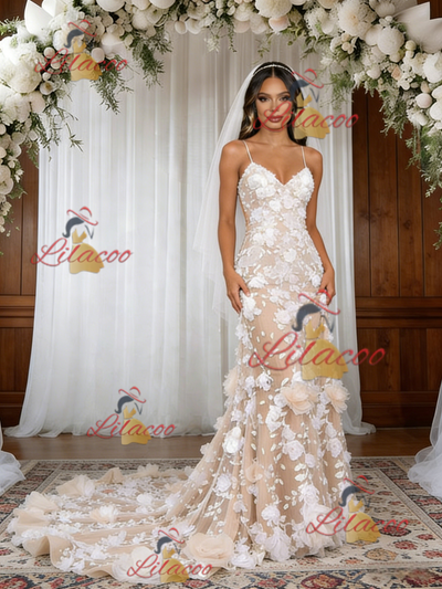 Champagne Mermaid Lace 3D Flower Wedding Dress