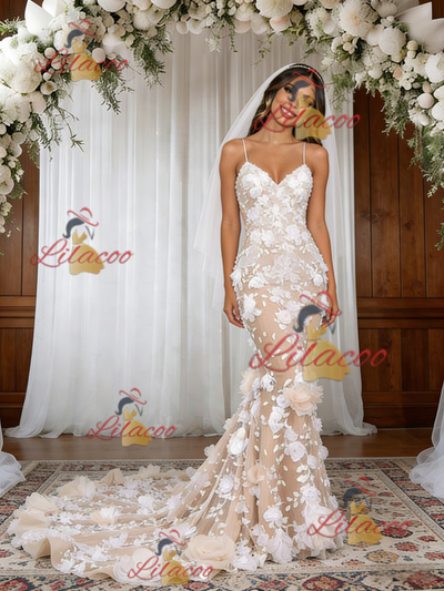 Champagne Mermaid Lace 3D Flower Wedding Dress