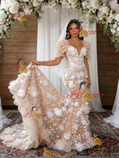 Champagne Mermaid 3D Flower Wedding Dress