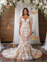 Champagne Mermaid 3D Flower Wedding Dress