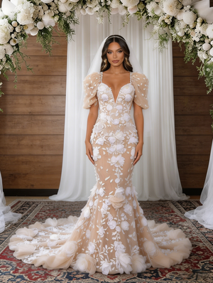 Champagne Mermaid 3D Flower Wedding Dress