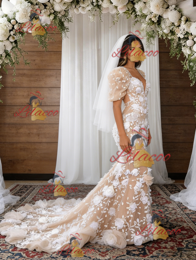 Champagne Mermaid 3D Flower Wedding Dress