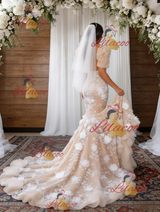 Champagne Mermaid 3D Flower Wedding Dress