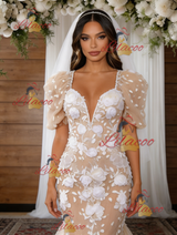 Champagne Mermaid 3D Flower Wedding Dress
