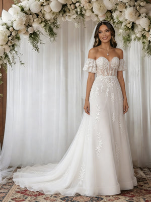 White Tulle Off the Shoulder Short Sleeve Wedding Dress