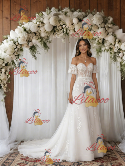 White Tulle Off the Shoulder Short Sleeve Wedding Dress