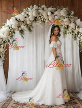 White Tulle Off the Shoulder Short Sleeve Wedding Dress