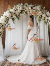 White Tulle Off the Shoulder Short Sleeve Wedding Dress