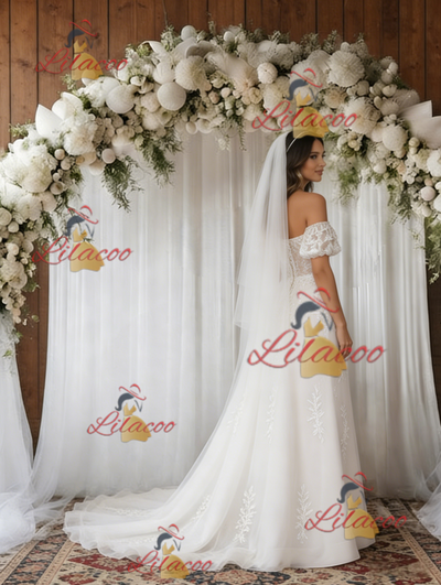 White Tulle Off the Shoulder Short Sleeve Wedding Dress