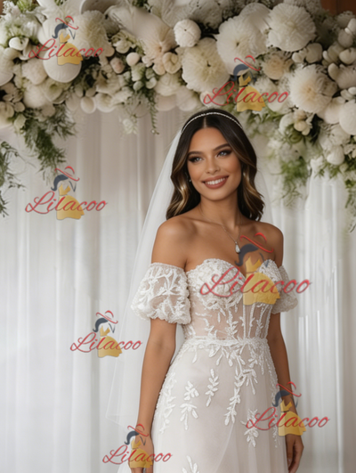 White Tulle Off the Shoulder Short Sleeve Wedding Dress