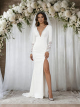 White Mermaid Long Sleeve V-neck Wedding Dress