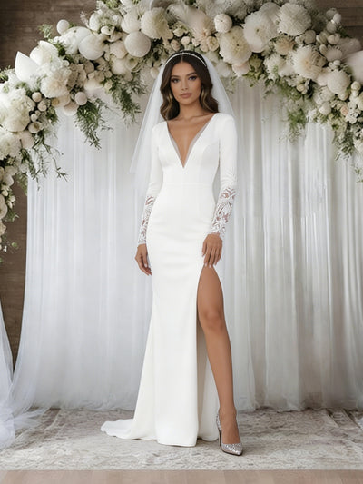 White Mermaid Long Sleeve V-neck Wedding Dress