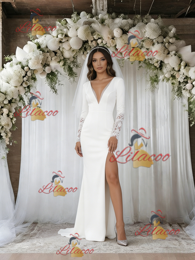 White Mermaid Long Sleeve V-neck Wedding Dress