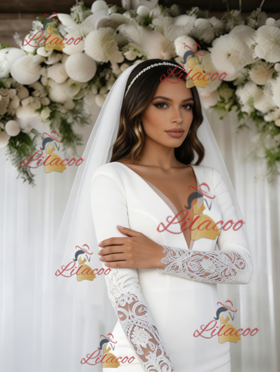 White Mermaid Long Sleeve V-neck Wedding Dress