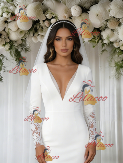 White Mermaid Long Sleeve V-neck Wedding Dress