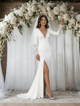 White Mermaid Long Sleeve V-neck Wedding Dress